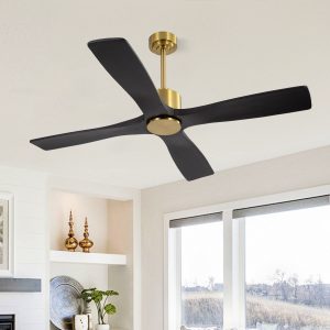 MLIAN Flying-MS DC Ceiling Fan without Lights, 4 Carved Solid Wood Blades,Brass & Black
