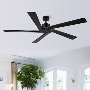 MLIAN Rotating-X 5 Reversible Carved Solid Wood Blades Ceiling Fan No Light with Remote, Black Finish