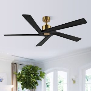 MLIAN Rotating-X 5 Reversible Carved Solid Wood Blades Ceiling Fan No Light with Remote, Brass Finish with Black Blades