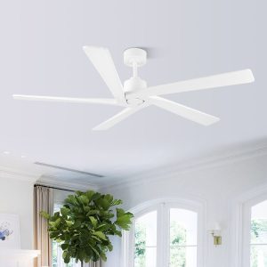 MLIAN Rotating-X 5 Reversible Carved Solid Wood Blades Ceiling Fan No Light with Remote, White Finish