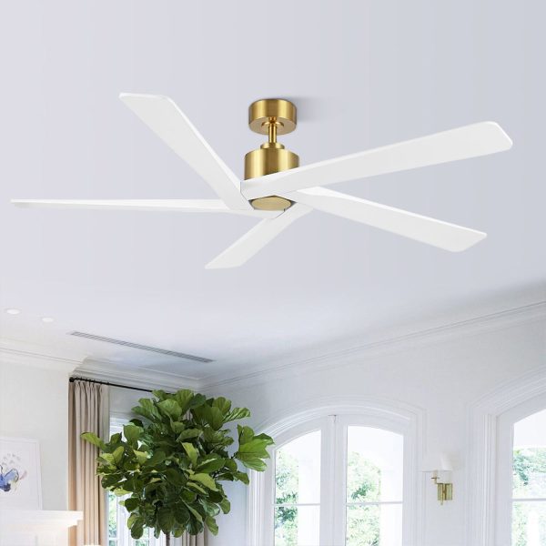 MLIAN Rotating-X 5 Reversible Carved Solid Wood Blades Ceiling Fan No Light with Remote, Brass Finish with White Blades