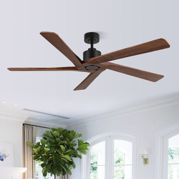 MLIAN Rotating-X 5 Reversible Carved Solid Wood Blades Ceiling Fan No Light with Remote, Matte Black Finish with Walnut Blades
