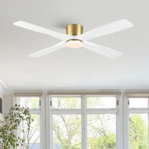 MLIAN Flying-Pro Flush Mount DC Ceiling Fan with Lights, Wood Blades,Brass & White