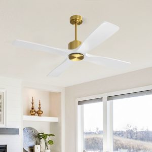 MLIAN Flying-MS DC Ceiling Fan without Lights, 4 Carved Solid Wood Blades,Brass & White