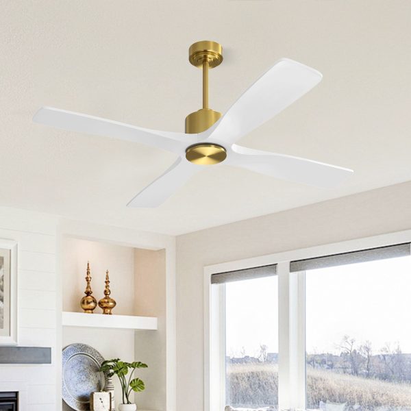 MLIAN Flying-MS DC Ceiling Fan without Lights, 4 Carved Solid Wood Blades,Brass & White