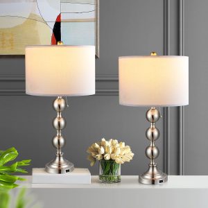 MLIAN 28 Inches Elegant Table Lamps Set of 2, Modern Bedside Light for Living Room Bedroom Accent, Modern Stacked Ball Body and White Linen Tapered Drum Shades