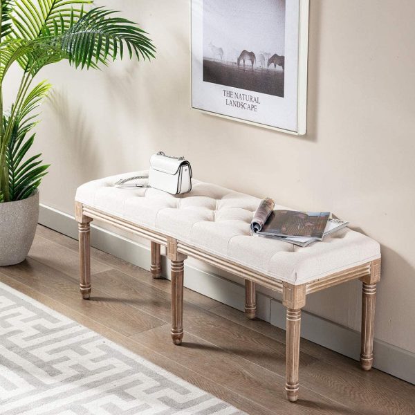 48" Extra-Long Rectangular Tufted Ottoman Bench Seat, Birch Frame & Carved Rubber Wood Legs & Faded Wood Finish, French Style Home Furniture for Entryway Foyer Mudroom Bedroom End of Bed