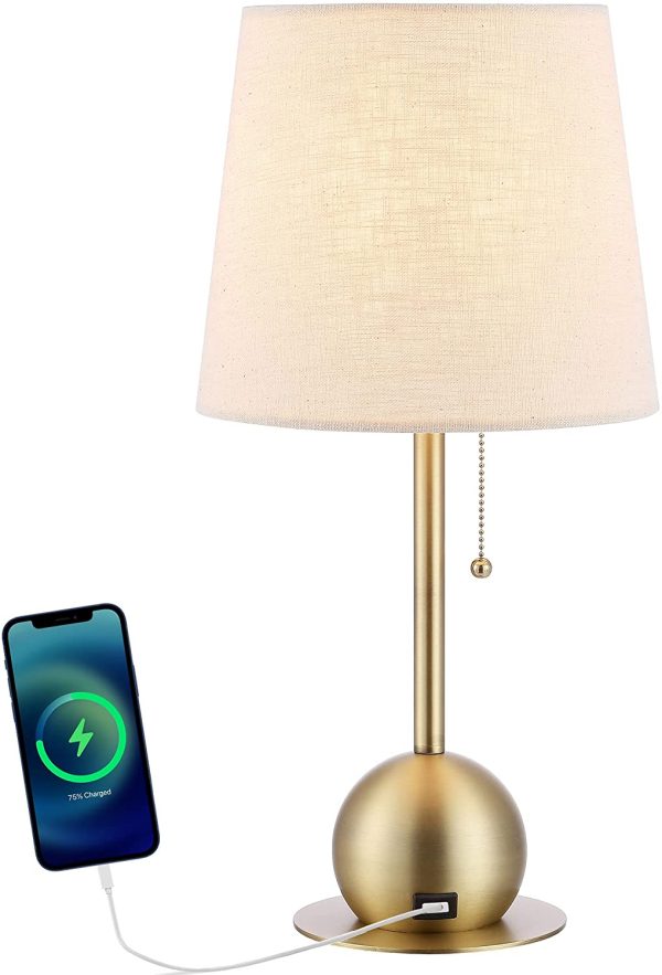 MLIAN 18.5" Gold Ball Base Table Lamp with USB Port, Modern Lighting in Brass Finish with Drum Shade, for Living Room Bedroom End Table Desk Side