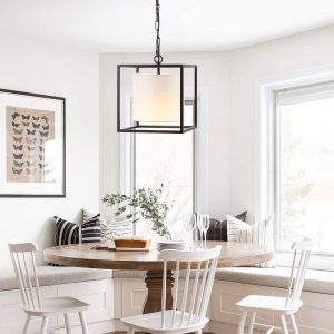 10" Lantern Pendant Light, Black Metal Frame with White Fabric Shade, Industrial Farmhouse Style Lighting for Kitchen Living Room Hallway
