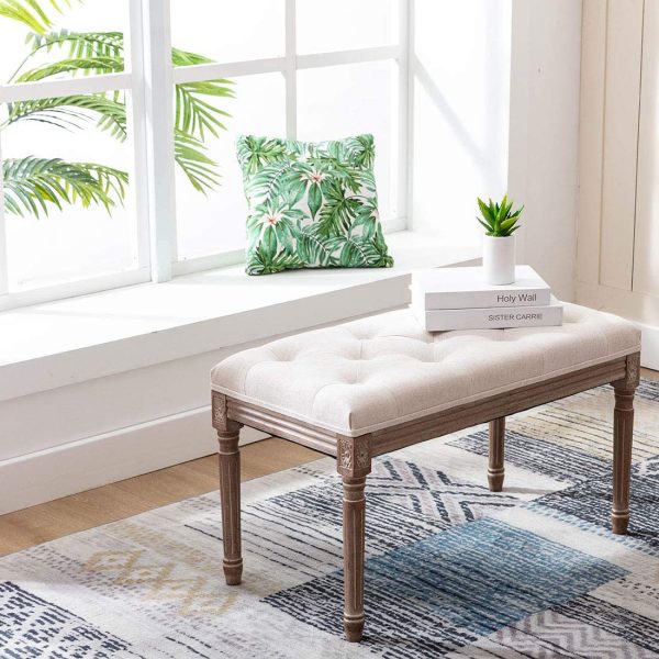 31.5" Rectangular Tufted Ottoman Bench Seat, Birch Frame & Carved Rubber Wood Legs & Faded Wood Finish, French Style Home Furniture for Entryway Foyer Mudroom Bedroom End of Bed