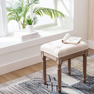 71aQhP0AeoL._AC_SL1100_1024x1024@2x.jpg 14.75" Rectangular Tufted Ottoman Bench Stool Seat, Birch Frame & Carved Rubber Wood Legs & Faded Wood Finish, French Style Home Furniture for Entryway Foyer Mudroom Bedroom End of Bed