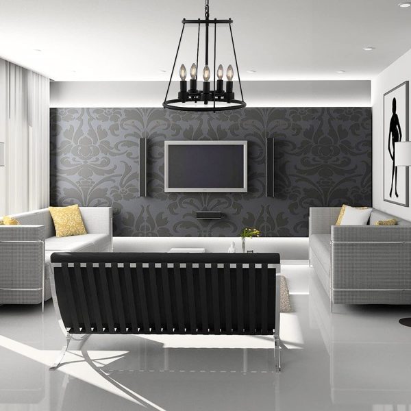 Industrial 5-Light Chandelier Pendant Light Round Wagon Wheel, Modern Black Cylinder Kitchen Island Ceiling Hanging Light Fixture for Living Room Hallway Dining Room