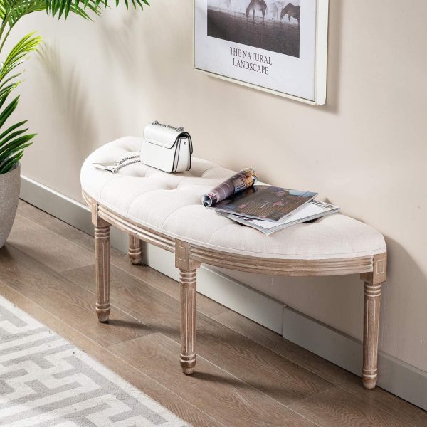 49" Tufted Semi Circle Ottoman Bench Seat, Birch Frame & Carved Rubber Wood Legs & Faded Wood Finish, French Style Home Furniture for Entryway Foyer Mudroom Bedroom End of Bed