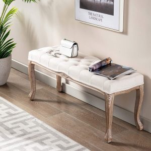 81HvcUsi7TL._AC_SL1500_1024x1024@2x.jpg 44" Rectangular Tufted Ottoman Bench Seat, Birch Frame & Carved Rubber Wood Legs & Faded Wood Finish, French Style Home Furniture for Entryway Foyer Mudroom Bedroom End of Bed