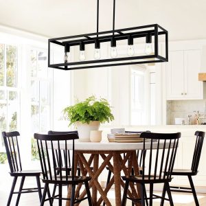 Industrial Black Kitchen Island Pendant Light with 6-Light, Vintage Chandelier Metal Cage Ceiling Hanging Light Fixture for Barn Farmhouse Bar Living Room Hallway