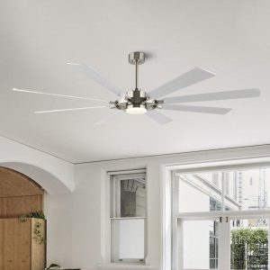 MLIAN Ceiling Fan with Lights and Remote Control, Wood 8 Blades 6-Speed Noiseless Reversible DC Motor, Modern Large Ceiling Fan for Office Bedroom Dining Living Room, Nickel Finish+Silver