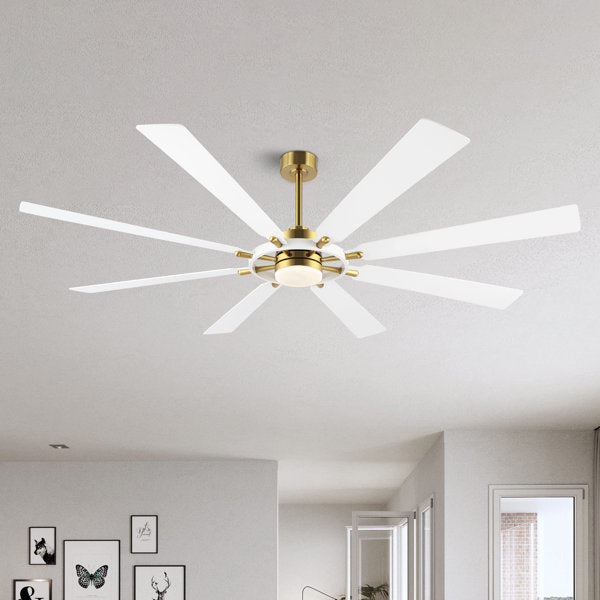 Ceiling Fan with Lights and Remote Control, Wood 8 Blades 6-Speed Noiseless Reversible DC Motor, Modern Large Ceiling Fan for Office Bedroom Dining Living Room, Gold Finish+White
