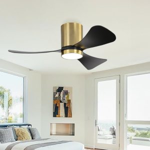 42" Smart Flush Mount Ceiling Fan with Lights, 3 ABS Blades, 6 Speeds Reversible DC Motor-Brass & Black