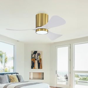 42" Smart Flush Mount Ceiling Fan with Lights, 3 ABS Blades, 6 Speeds Reversible DC Motor-Brass & White