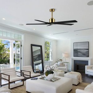 DC Ceiling Fan without Lights, 5 Reversible Carved Solid Wood Blades, 6-Speed Noiseless DC Motor, Ceiling Fan No Light with Remote, Brass Finish with Black Blades, ETL Listed