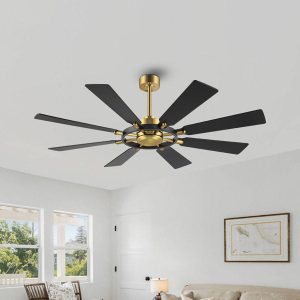 Ceiling Fan without Lights, Wood 8 Blades 6-Speed Noiseless Reversible DC Motor, Modern Large Remote Control Ceiling Fan for Bedroom Dining Living Room, Gold Finish+Black