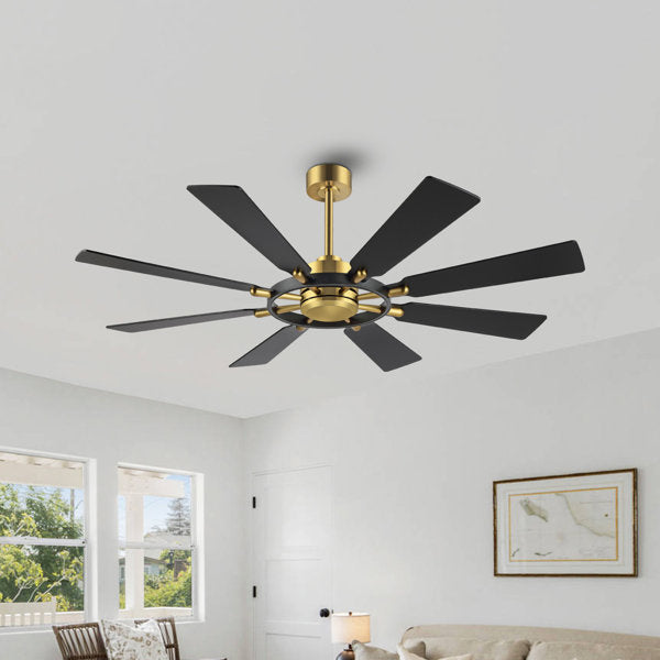 Ceiling Fan without Lights, Wood 8 Blades 6-Speed Noiseless Reversible DC Motor, Modern Large Remote Control Ceiling Fan for Bedroom Dining Living Room, Gold Finish+Black