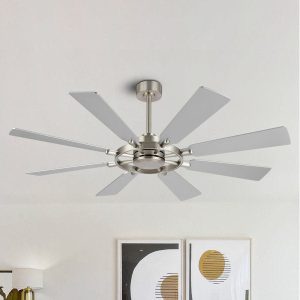 Ceiling Fan without Lights, Wood 8 Blades 6-Speed Noiseless Reversible DC Motor, Modern Large Ceiling Fan with Remote Control for Bedroom Dining Living Room, Nickel Finish+Silver
