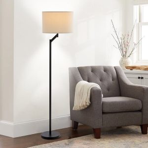 MLIAN Contemporary Floor Lamp with White Fabric Shade, Modern Floor Lamp Reading Light with LED Bulb, for Living Room Family Room Office Reading Nook, Black