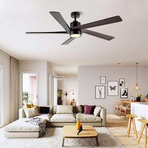 MLIAN Rotating-Pro Reversible Carved Wood Blades Modern Ceiling Fan in Matte Black Finish with Walnut Blades