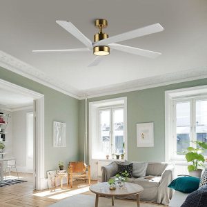 MLIAN Rotating-Pro Reversible Carved Wood Blades Modern Ceiling Fan in Brass Finish with White Blades