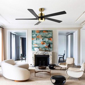 MLIAN Rotating-Pro Reversible Carved Wood Blades Modern Ceiling Fan in Brass Finish with Black Blades