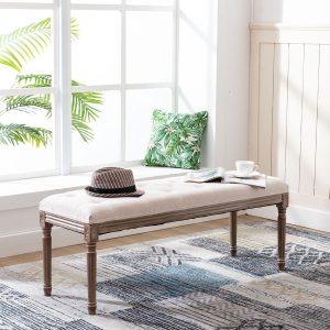 WBBB-YT06-BG-109-1_1024x1024@2x.jpg 47" Rectangular Tufted Ottoman Bench Seat, Birch Frame & Carved Rubber Wood Legs & Faded Wood Finish, French Style Home Furniture for Entryway Foyer Mudroom Bedroom End of Bed