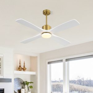 MLIAN Flying-MX DC Ceiling Fan with Lights 4 Carved Solid Wood Blades,Brass & White