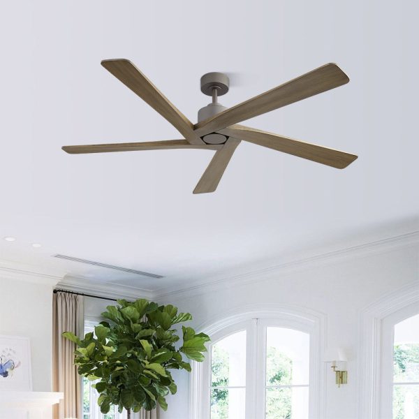 MLIAN Rotating-X 5 Reversible Carved Solid Wood Blades Ceiling Fan No Light with Remote, Graphite Finish and Gray Blades