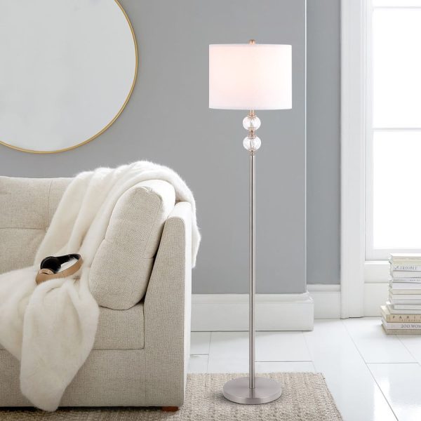 MLIAN Modern Floor Lamp 2 Stacked Glass Ball Free Standing Floor Lamps with Drum Shade, Tall Pole Light for Living Room Bedroom Modern Upright Light with LED Bulb