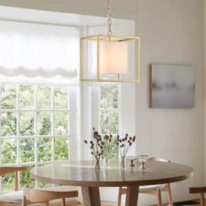 10" Lantern Pendant Light, Gold Metal Frame with White Fabric Shade, Modern Lighting for Kitchen Living Room Hallway