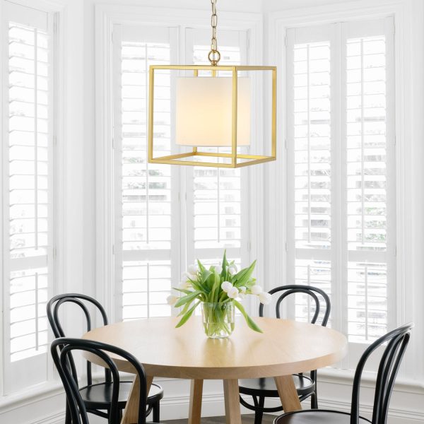 11.75" Lantern Pendant Light, Gold Metal Frame with White Fabric Shade, Modern Lighting for Kitchen Living Room Hallway