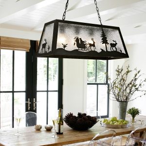 Vintage Metal Island Light Fixture, Retro 4-Light Hanging Pendant Lighting with Christmas Decorative Glass Shade, for Kitchen Dining Room Farmhouse, Black