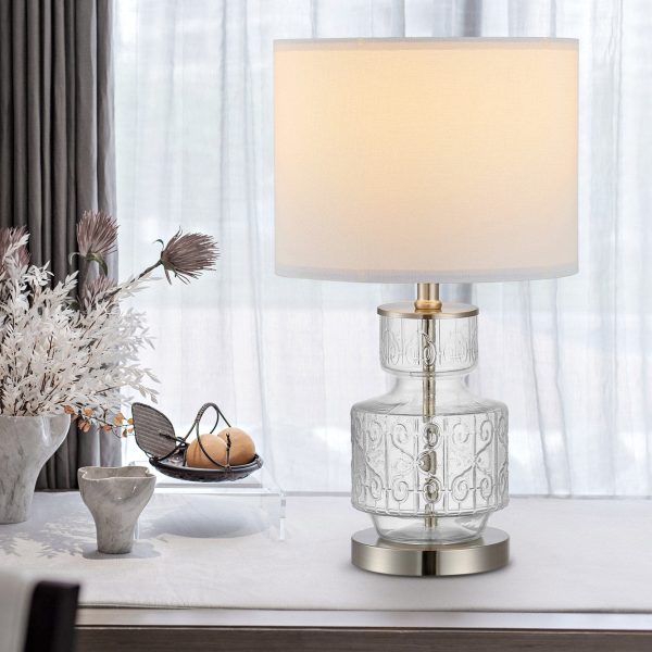 MLIAN 20.7" Elegant Table Lamp with Patterned Glass Base & Drum Shade, for Living Room Bedroom Hallway End Table Desk Side Accent Hallway
