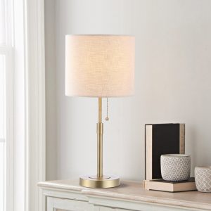 MLIAN Gold Table Lamp with Drum Shade, Height Adjustable 16"-18" Modern Lighting in Brass Finish, for Living Room Bedroom End Table Desk Side