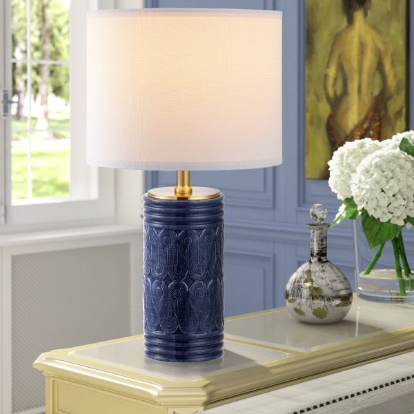 MLIAN 20.7" Modern Table Lamp with Ceramic Base, Navy Feather Pattern, for Living Room Bedroom Hallway Table End Desk