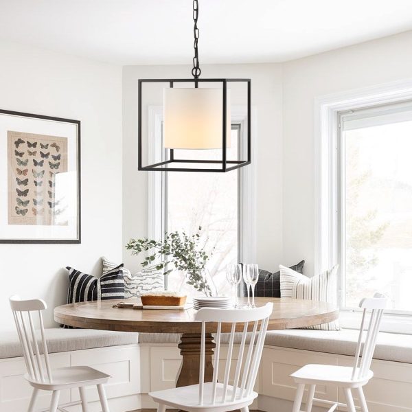 11.75" Lantern Pendant Light, Black Metal Frame with White Fabric Shade, Industrial Farmhouse Style Lighting for Kitchen Living Room Hallway