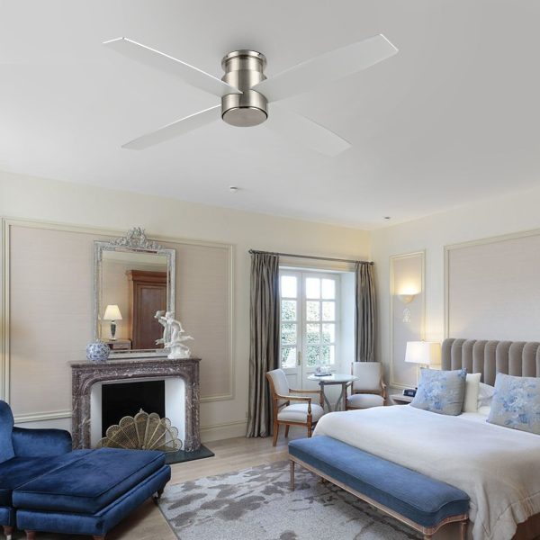 52" Flush Mount DC Ceiling Fan without Lights, 4 Reversible Blades, Ultra Quiet 6-Speed DC Motor, Hugger Low Profile Indoor Ceiling Fan No Lights, Brushed Nickel Finish