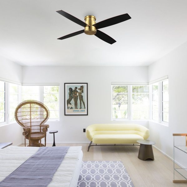 52" Flush Mount DC Ceiling Fan without Lights, 4 Reversible Blades, Ultra Quiet 6-Speed DC Motor, Hugger Low Profile Indoor Ceiling Fan No Lights, Brass Finish